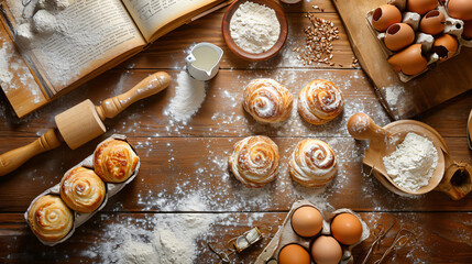 Fototapeta na wymiar Flat lay of a bakers delight with fresh-baked pastries flour eggs rolling pin and recipe book on a wooden kitchen table.