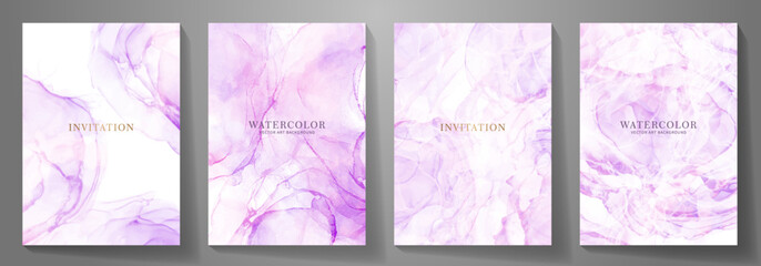 Elegant set vector watercolor texture art background. Pink, blue and purple modern alcohol ink illustration for cover design, card, flyers, poster. Premium abstract painted template for design.