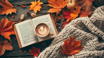Flat lay of a cozy autumn-themed arrangement with a knitted sweater a book a cup of hot cocoa and colorful fall leaves. - obrazy, fototapety, plakaty