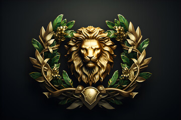 golden coat of arms with a lion and palm branches on a dark background, generated ai