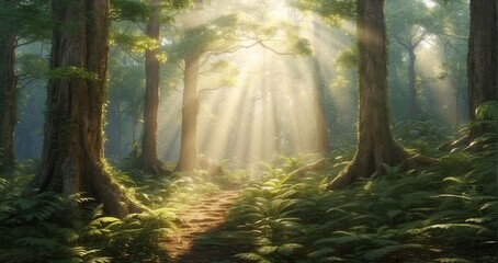 A scene of an enchanting forest canopy, with rays of sunlight filtering through the foliage, creating intricate patterns on the forest floor teeming with life - Generative AI