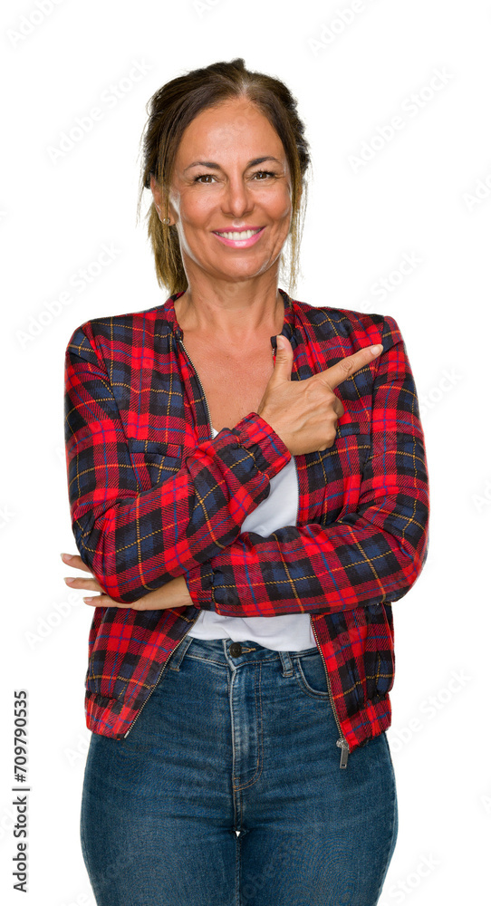 Sticker middle age adult woman wearing casual jacket over isolated background cheerful with a smile of face 