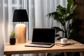 Laptop with blank black screen on office desk interior in scandi interior, generative AI.