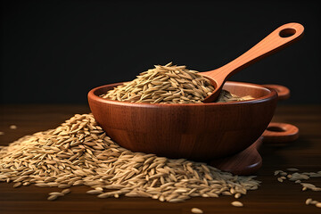 close up of the unpolished wild brown rice  in a wooden bowl   , generative AI