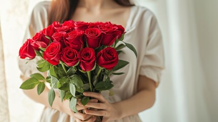 Woman holding luxury bouquet of fresh red roses on light background, closeup   