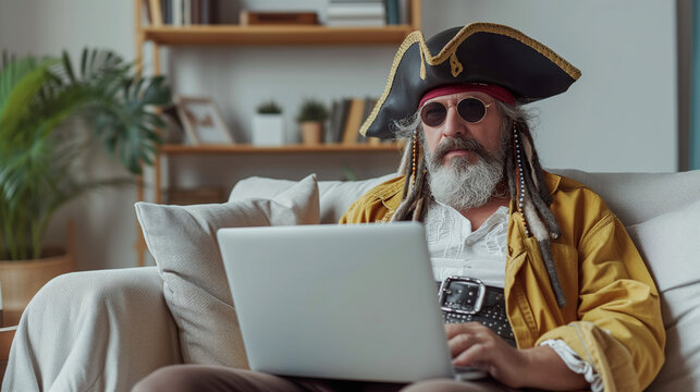 Modern pirate exploring online downloads on a laptop.