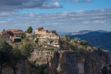 Fototapeta na wymiar Panoramic view of the town of Siurana in Catalonia, Spain, with cloudy sky, horizontal