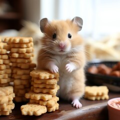 Photo of a baby hamster nibbling on a tiny treat. Generative AI