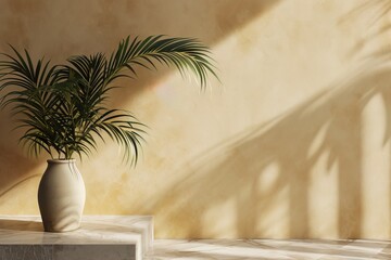 Modern Serenity: Interior Room Background with Wall and Elegant Palm Leaf Vase