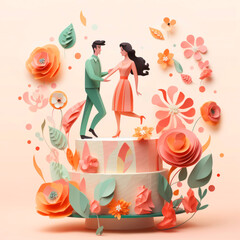 wedding cake with a figure of the bride and groom. Funny dancing figurines suite at a luxury wedding white cake decorated with paper cut flowers.