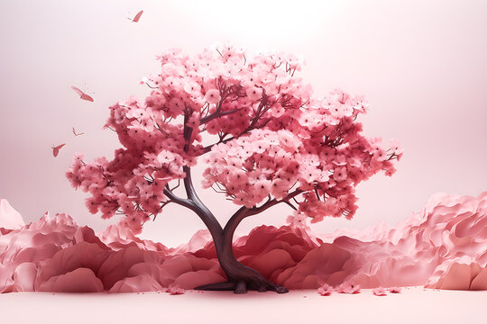 Pink magic tree on pink background, 3d illustration, generative AI