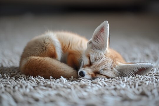 Domestic Chanterelle Fennec sleeping on the carpet
