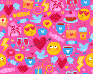 Seamless pattern with romantic love pictures. Wrapping paper, design for Valentine's Day. Hearts, smiles, candies, rings, birds. Cartoon cute colorful illustrations. Pink background. 