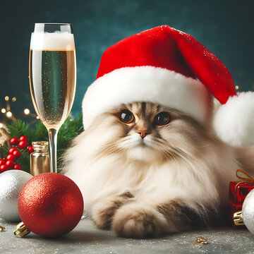 Capture the festive spirit with this enchanting image featuring a fluffy cat adorned in a Santa Claus hat, holding a glass of champagne, and accompanied by a Christmas ball. Set against a festive back