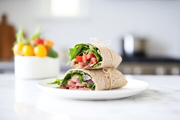half-eaten flaxseed wrap showing texture, on a white napkin