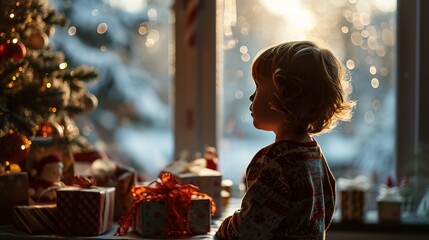 A child is  stand by the window, staring at a stack of Christmas gifts.
