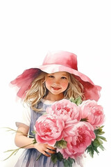 Happy girl in a hat with a bouquet of pink peonies in watercolor style, copy space, selective focus
