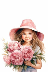 Beautiful girl in a pink hat with a bouquet of pink peonies in watercolor style, copy space, selective focus
