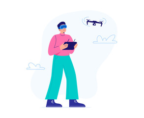 A young man uses virtual reality glasses to fly a drone outdoors. Exploring a world and VR technology. Vector flat illustration isolated on the white background.