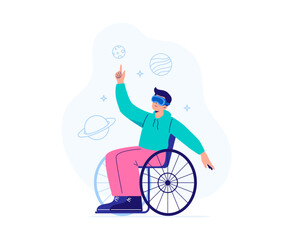 A man in a wheelchair uses virtual reality glasses for learning. Metaverse interacting and exploring a virtual world. Vector flat illustration isolated on the white background.