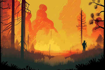 Man on the background of a fire in the forest