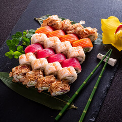 sushi set on the black background