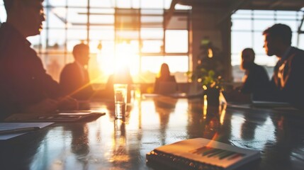 In a meeting room with a flare light backdrop, businesspeople are presenting a project.
