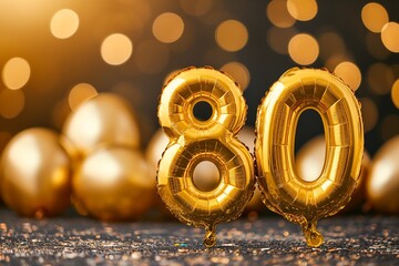80. Geburtstag, "80" aus goldenen Heliumballons, festlicher Hintergrund