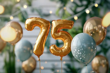 75. Geburtstag, "75" aus goldenen Heliumballons, festlicher Hintergrund