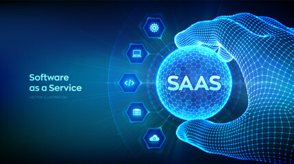 SaaS. Software as a service technology concept in the shape of sphere with hexagon pattern in wireframe hand. Cloud computing service. Data server, remote database. Vector Illustration.