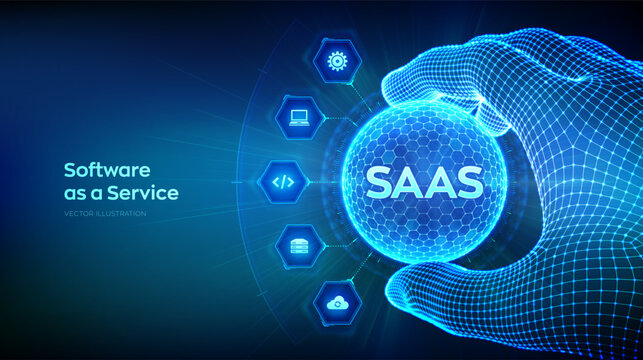 SaaS. Software as a service technology concept in the shape of sphere with hexagon pattern in wireframe hand. Cloud computing service. Data server, remote database. Vector Illustration.