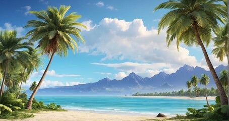 A scene of a tropical beach lined with swaying palm trees, overlooking the sea, and framed by distant mountain peaks - Generative AI