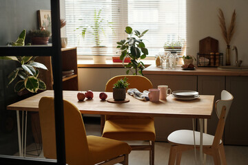 Chairs standing around wooden table with flowerpot with green domestic plants, fresh apples and kitchenware in the center of kitchen
