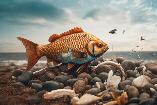 Big golden fish on the sea or ocean shore, selective focus