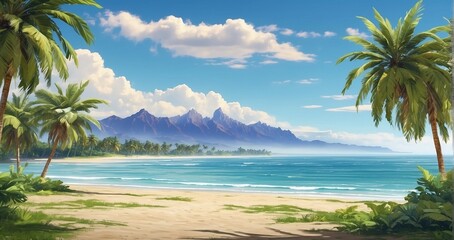 A scene of a tropical beach lined with swaying palm trees, overlooking the sea, and framed by distant mountain peaks - Generative AI