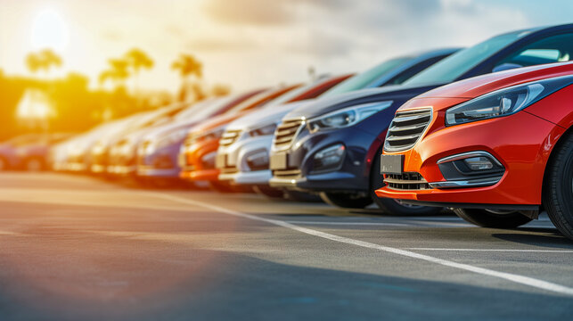 混雑した自動車ディーラーの駐車場に沈む夕日の輝き、自動車ビジネスのイメージ。