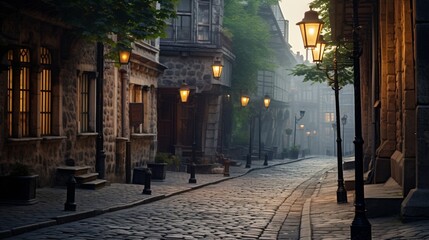 A quaint cobblestone street adorned with old-fashioned street lamps - obrazy, fototapety, plakaty