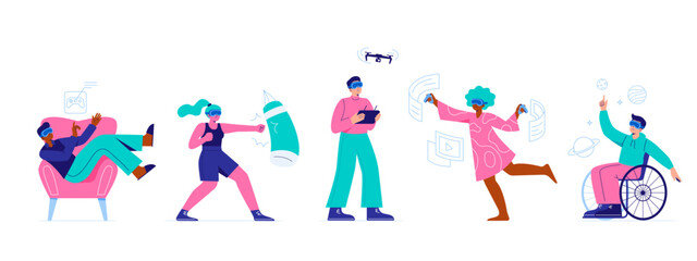 People wearing virtual reality glasses interact and explore a virtual world. Different activity in the metaverse. Vector flat illustrations for website, mobile app, and promo materials.