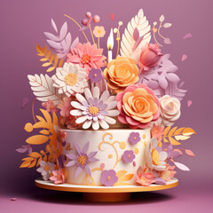 Elite decorated cake with a mix of paper cut flowers,many levels. Big stylish cake with candle, weddings, Valentine, birthdays and events. Mother's day and happy Women's day. pastel colors
