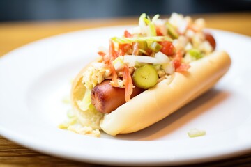 side angle: hot dog in bun topped with relish and onions