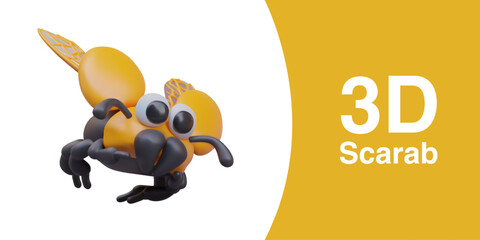 Scarab with yellow wings. Large beetle with unfolded elytra and wings. Color insect flies. Character with funny face. Isolated 3D illustration for web design