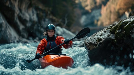 kayaker with whitewater kayaking, down a white water rapid river in the mountain - Powered by Adobe