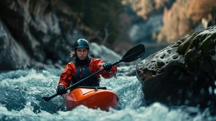 Tuinposter kayaker with whitewater kayaking, down a white water rapid river in the mountain © khwanchai
