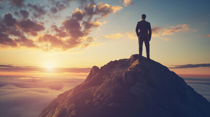 a man stands on the mountain and looks at the sunrise, business clothes , motivation for success, coach, personal growth