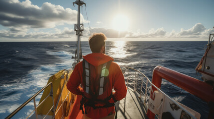 Coast guard Officer in a stormy sea. Rescue operation in ocean using helicopter or rescue boat