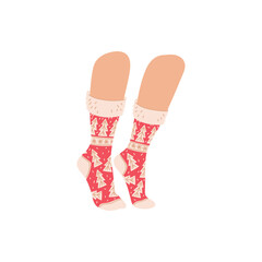 Legs dressed in socks decorated Christmas patterns, vector warm red knee socks with white Christmas trees and snowflakes