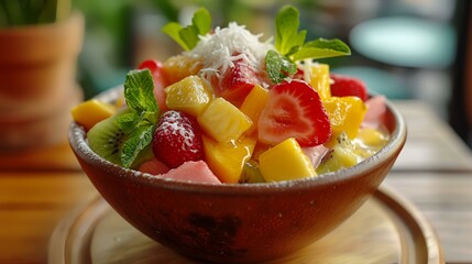 Fruit salad with strawberries, mango, kiwi and coconut