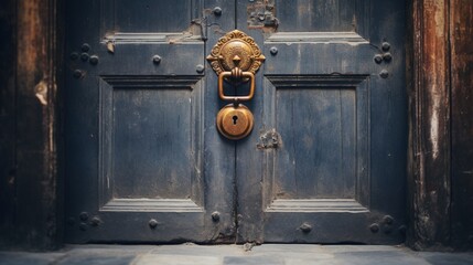 A quaint wooden door adorned with a vintage brass knocker in an ancient alleyway