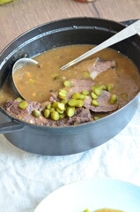 beef filet mignon with sauce and pickled cucumber