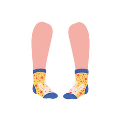 Funny ankle socks with bunny on female or kids feet, flat vector isolated.